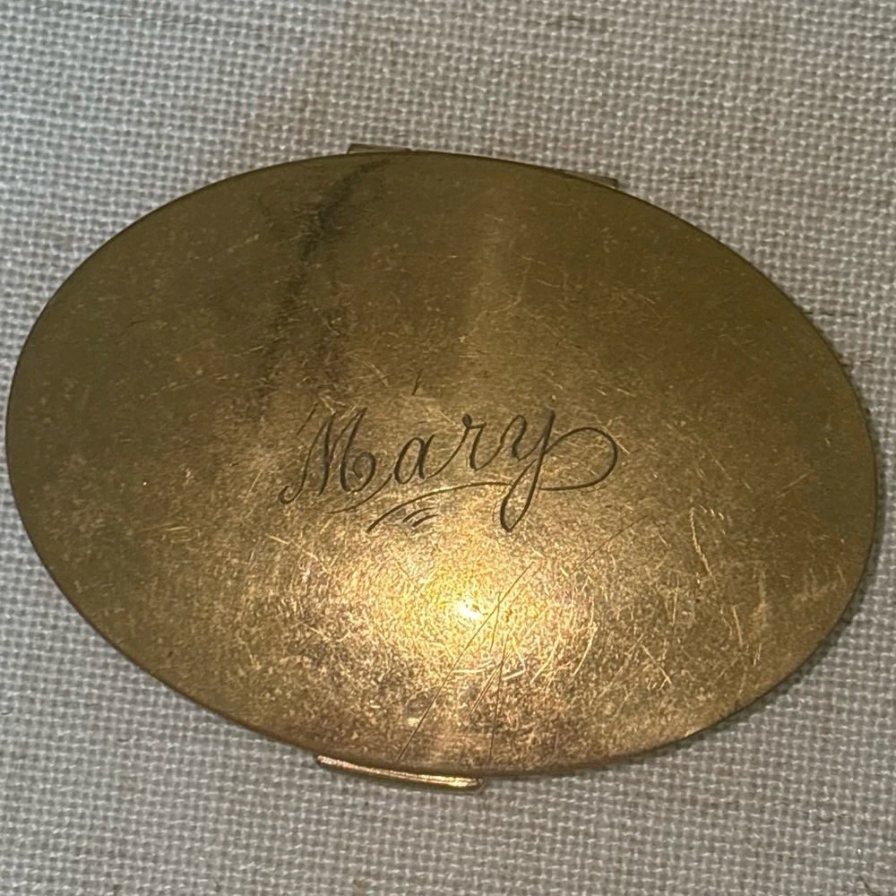 Vintage Mary Dunhill Brass Oval Compact 1930s Mirror Powder Puff Sifter